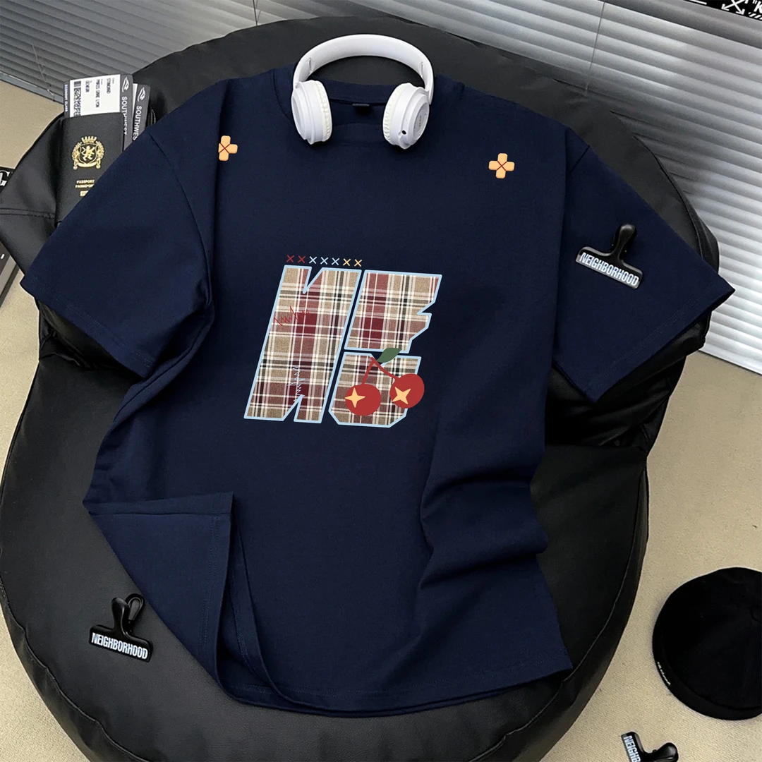 Dekkry夏季百搭休闲情侣100%纯棉美式英文格子樱桃短袖T恤男女