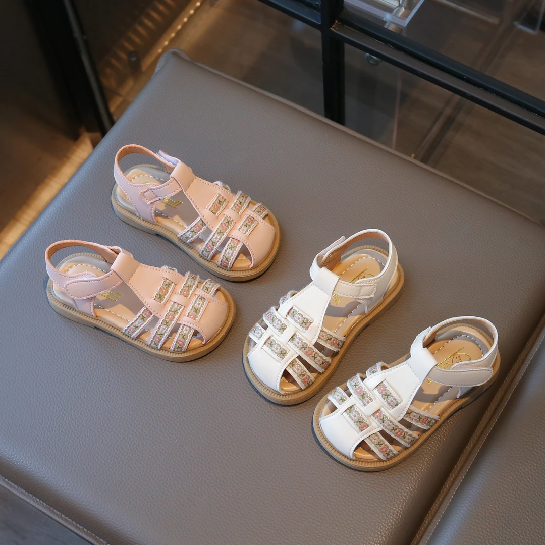 女童包头凉鞋2025新款夏款儿童刺绣罗马凉鞋软底夏季鞋女宝宝鞋子