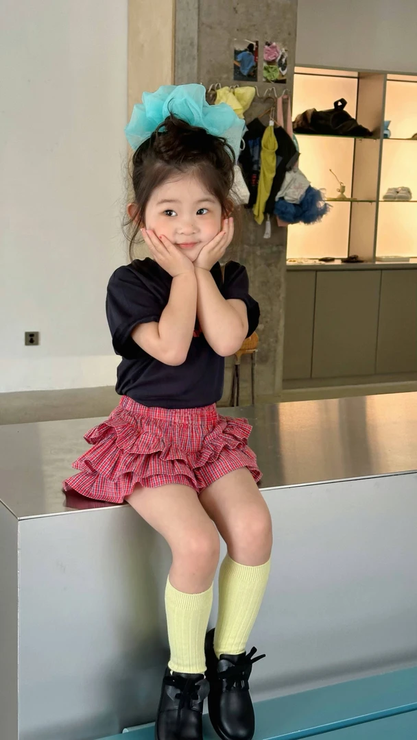 档口正版 可爱卡通夏季短袖T恤 复古格子百褶短裤