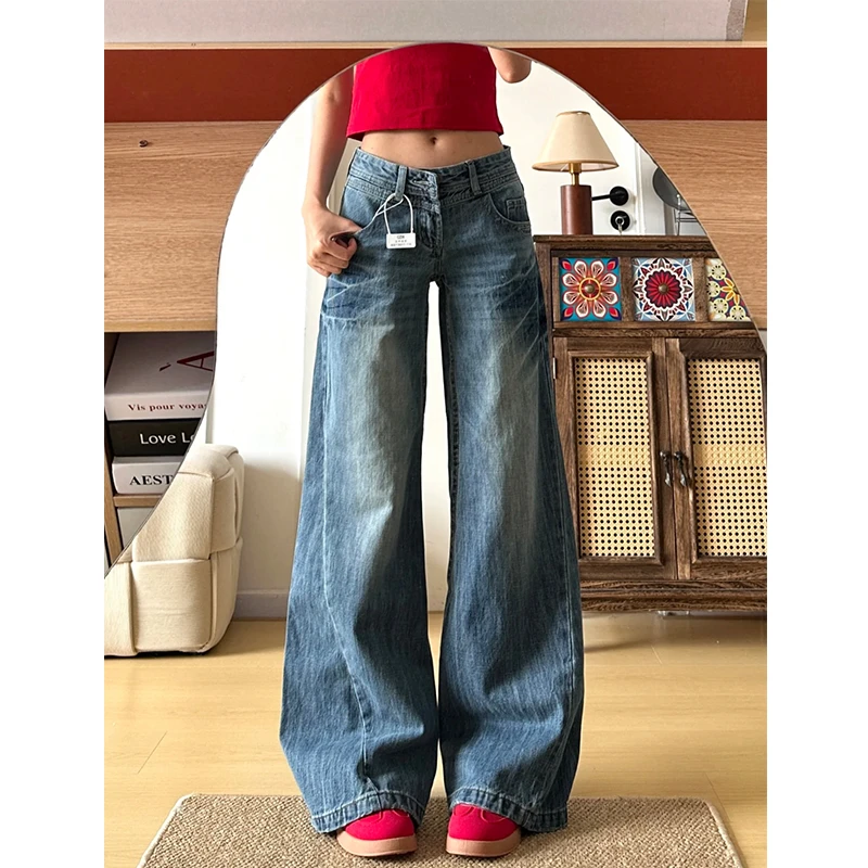 复古水洗阔腿牛仔裤女秋冬新款休闲直筒百搭显瘦低腰微喇拖地裤子