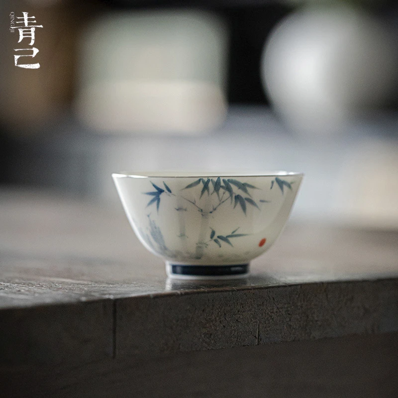 青己釉下彩青花主人杯手绘文人器品茗杯陶瓷斑竹枝书怀主人杯