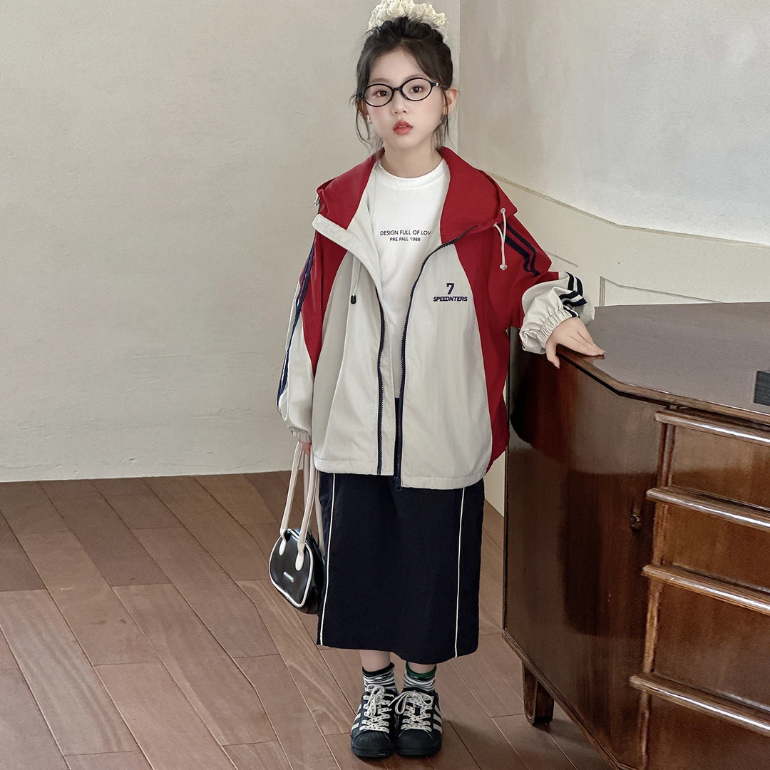 女童外套春秋款2025新款儿童洋气防风夹克女大童秋季运动拼色上衣
