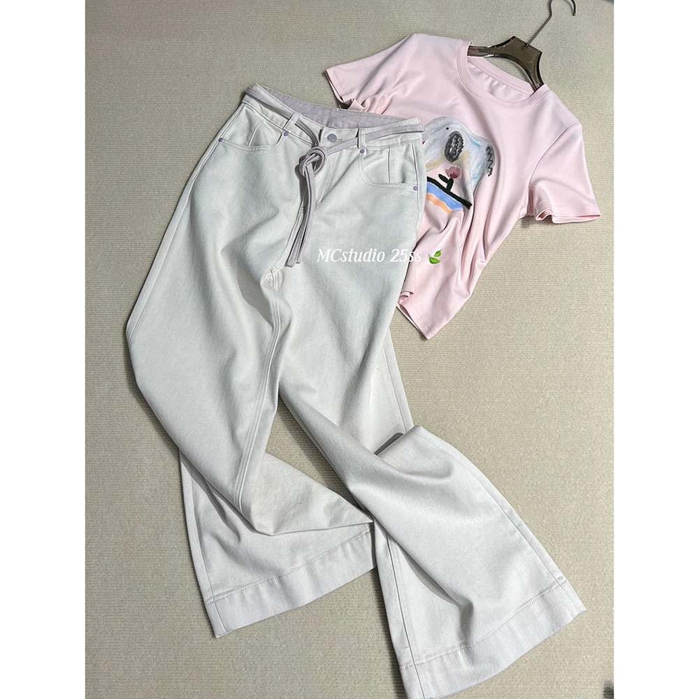 【粉紫调飘带】欧洲站春夏百搭显瘦阔腿裤复古白牛仔裤16665