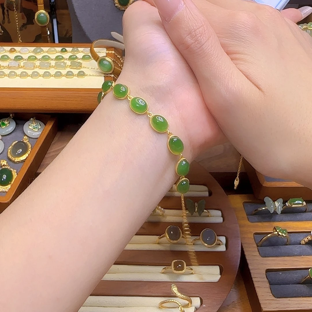 和田玉手链银S925镀金镶嵌