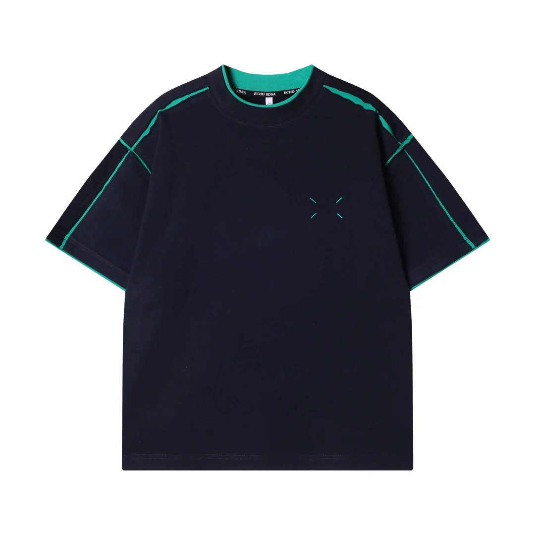 T2419夏季新款时尚个性撞色缝线拼接设计圆领套头基础百搭上衣