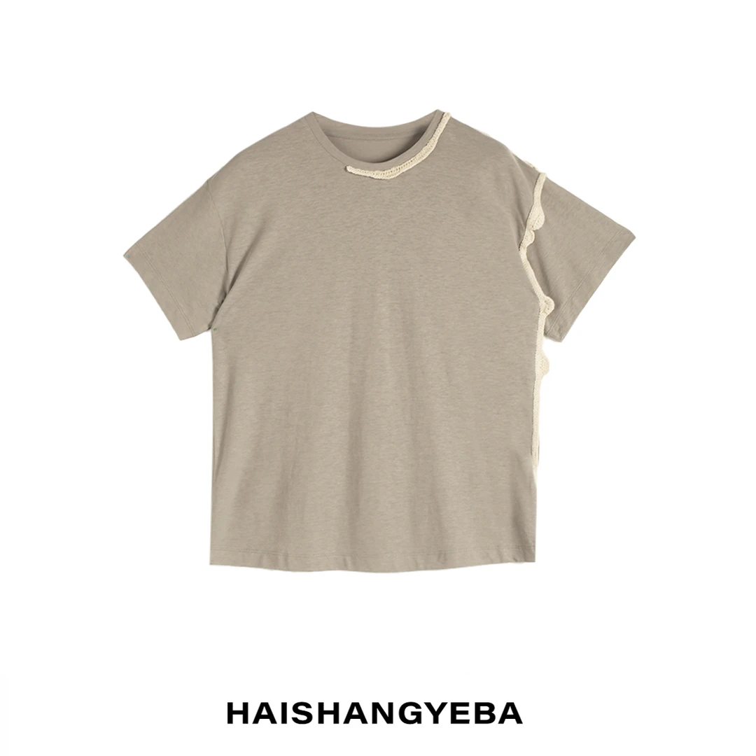 【海上叶爸】新款2025夏季百搭棉圆领花边设计休闲T恤