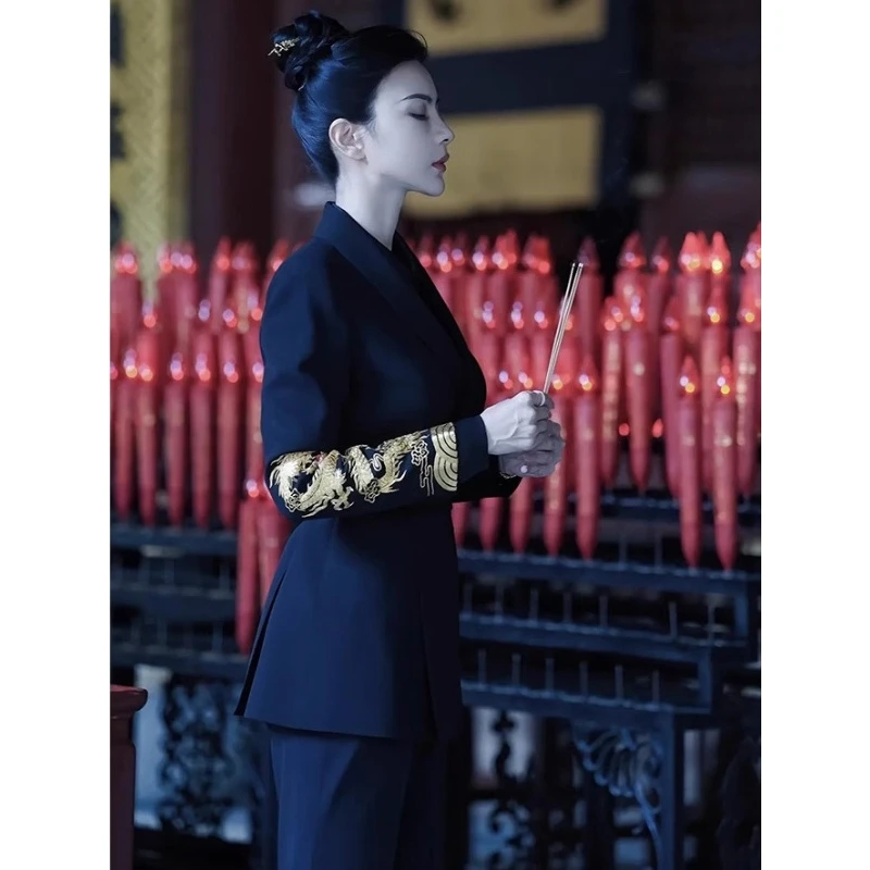 2025年秋独特别致高级感超好看上衣阔腿裤套装黑色潮流西装外套女