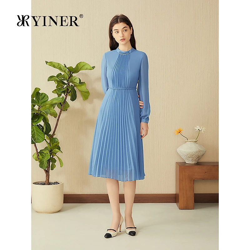 YINER音儿专选2025新款法式欧若智性风钉珠小立领雪纺连衣裙