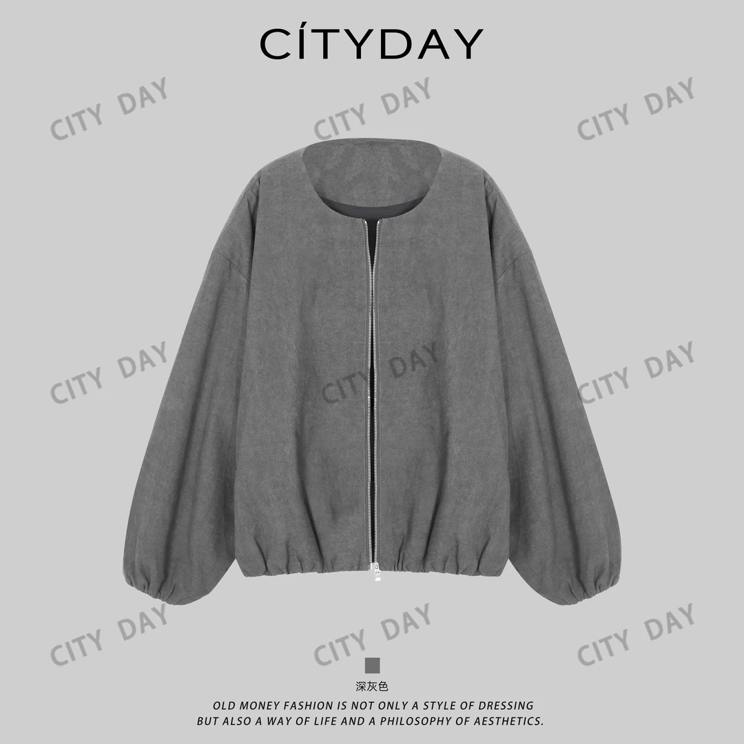 City Day【潮灰私订】老钱风-日常慵懒通勤中心拉链夹克外套 S79