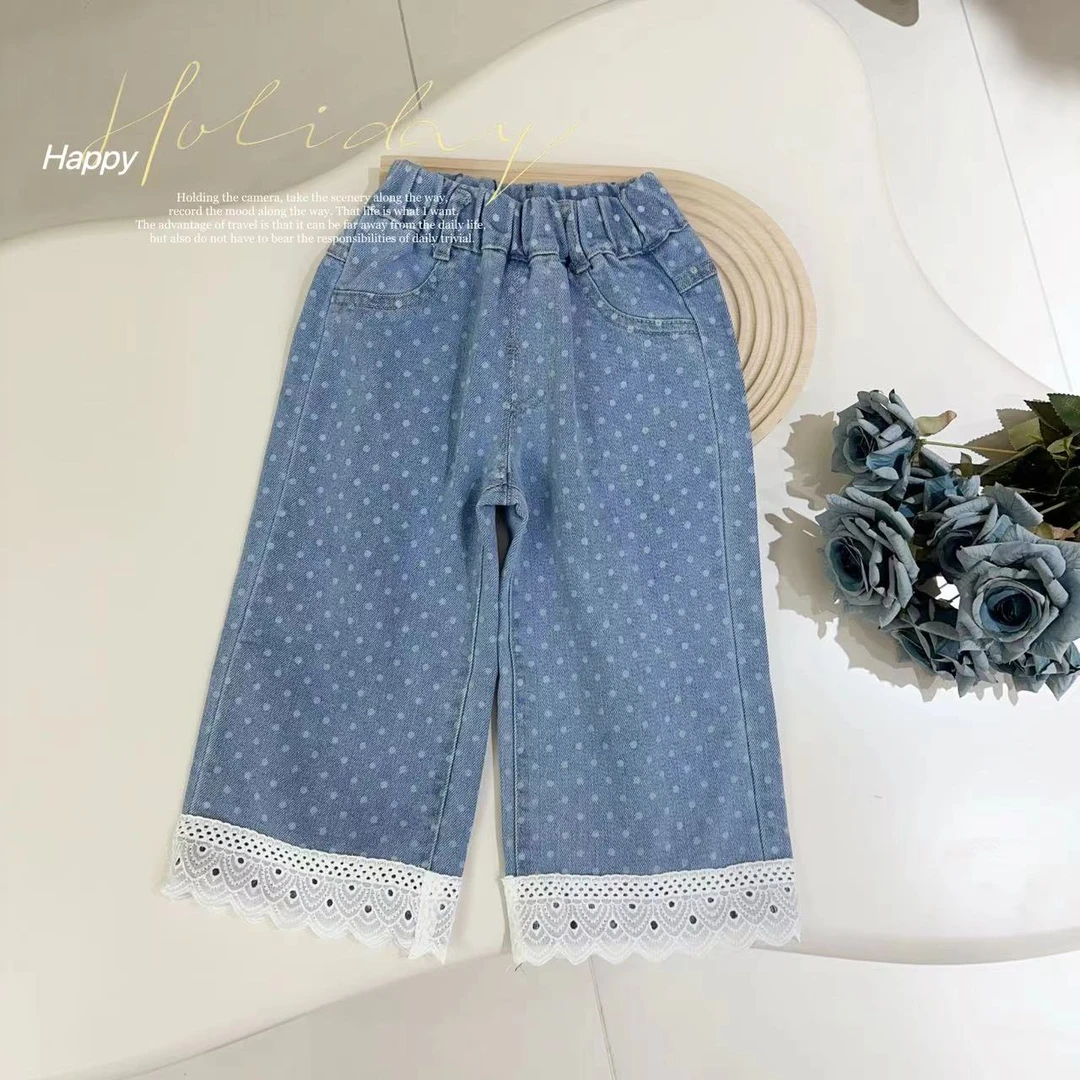 汤圆家童装2025春季新款韩系波点蕾丝拼接牛仔裤 YA-927