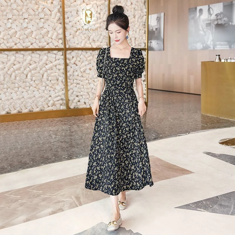 今夏新款法式连衣裙修身显瘦过膝长裙赫本风字裙黑色雪纺碎花裙