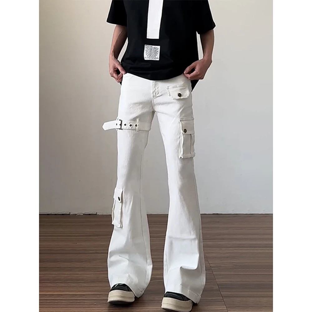 白色美式高街vibe牛仔裤男夏季薄款微喇叭裤子cleanfit弯刀工装裤