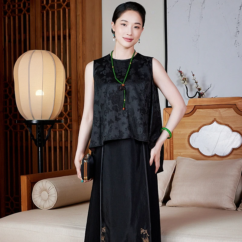 100桑蚕丝桑波缎香云纱日常百搭黑色夏季宽松无袖圆领背心W25527