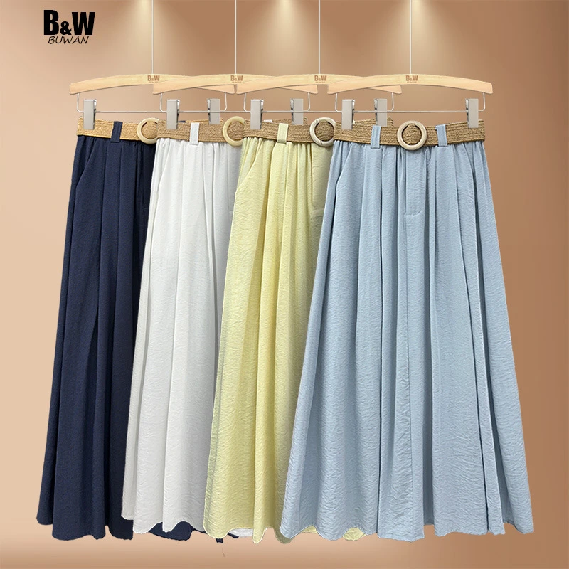 【送腰带】冰感棉质半身裙夏季新款纯色休闲风百搭长裙有口袋裙长88