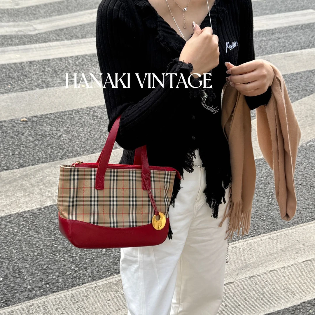 95新 BURBERRY/博柏利 花绮中古/巴宝莉红色格纹金币手提包/95新