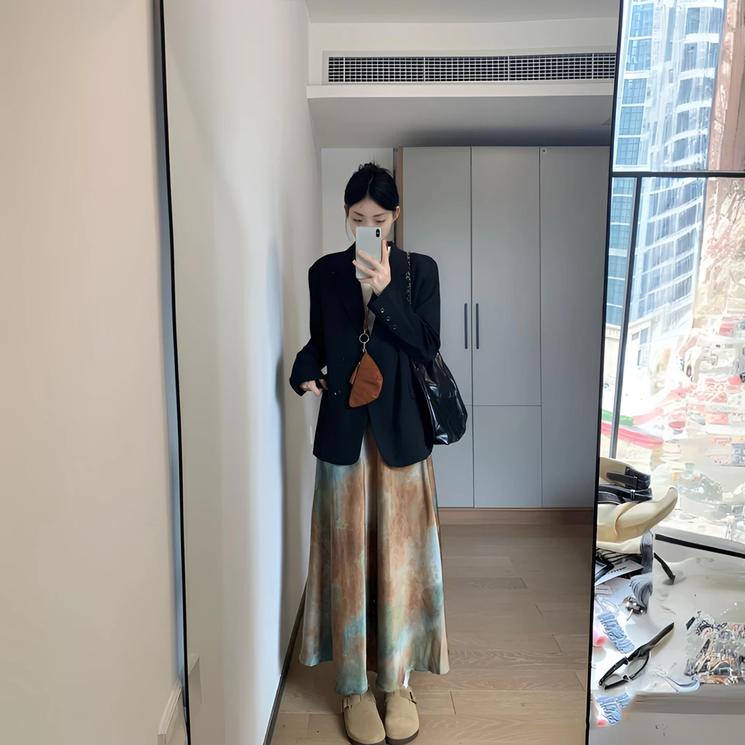 2025秋季新款黑西装外套叠穿印花半身裙套装韩版高级感穿搭