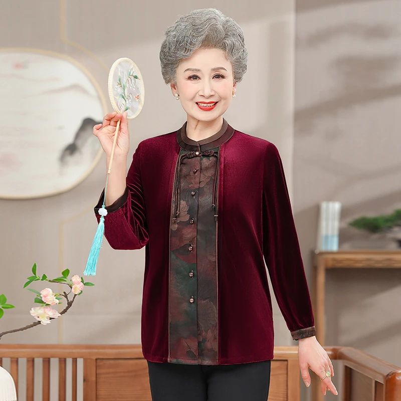 中老年人春装女妈妈春秋婚宴礼服老太太长袖衬衫老人衣服奶奶外套