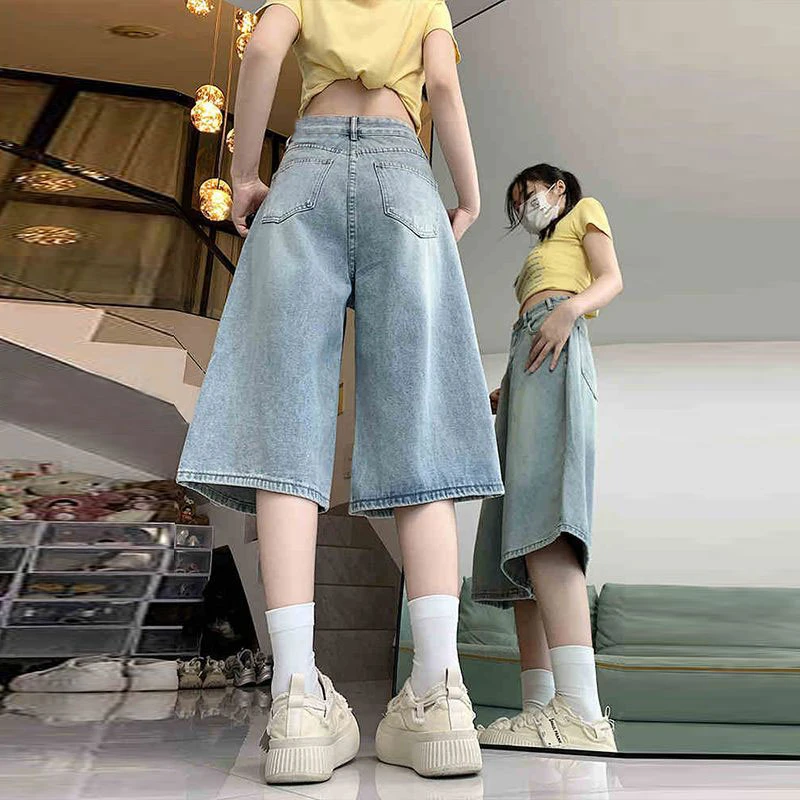 大码高街阔腿牛仔中裤夏季浅蓝色七分女高腰宽松美式显瘦直筒短裤