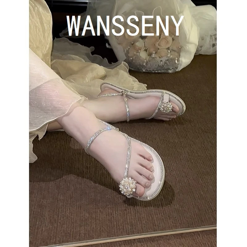 WANSSENY凉鞋女款2025新款夏季超火不累脚水钻配裙子两穿拖鞋外穿