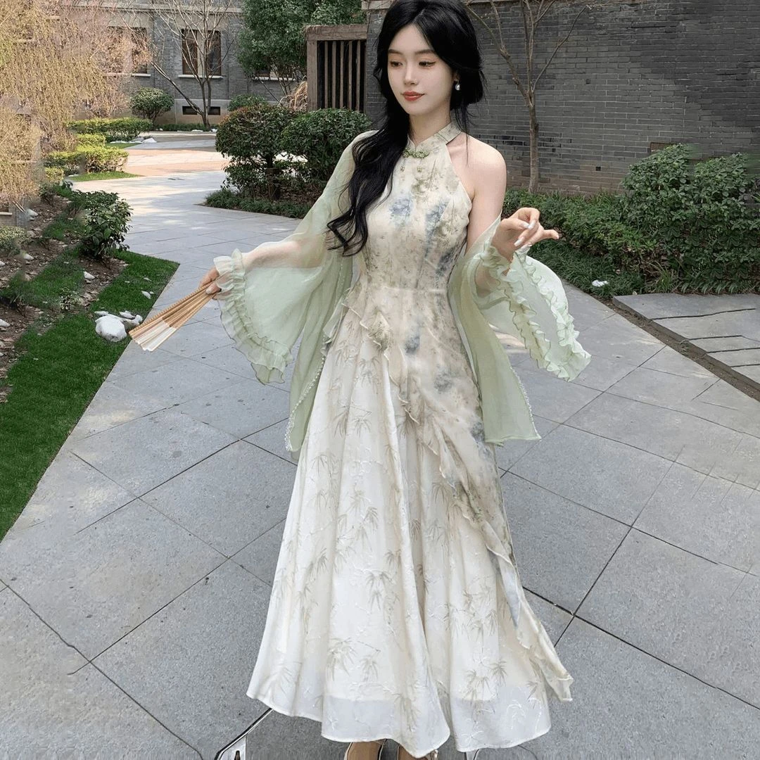 气质婉约国风印花拼接不规则挂脖连衣裙中国风开衫套装