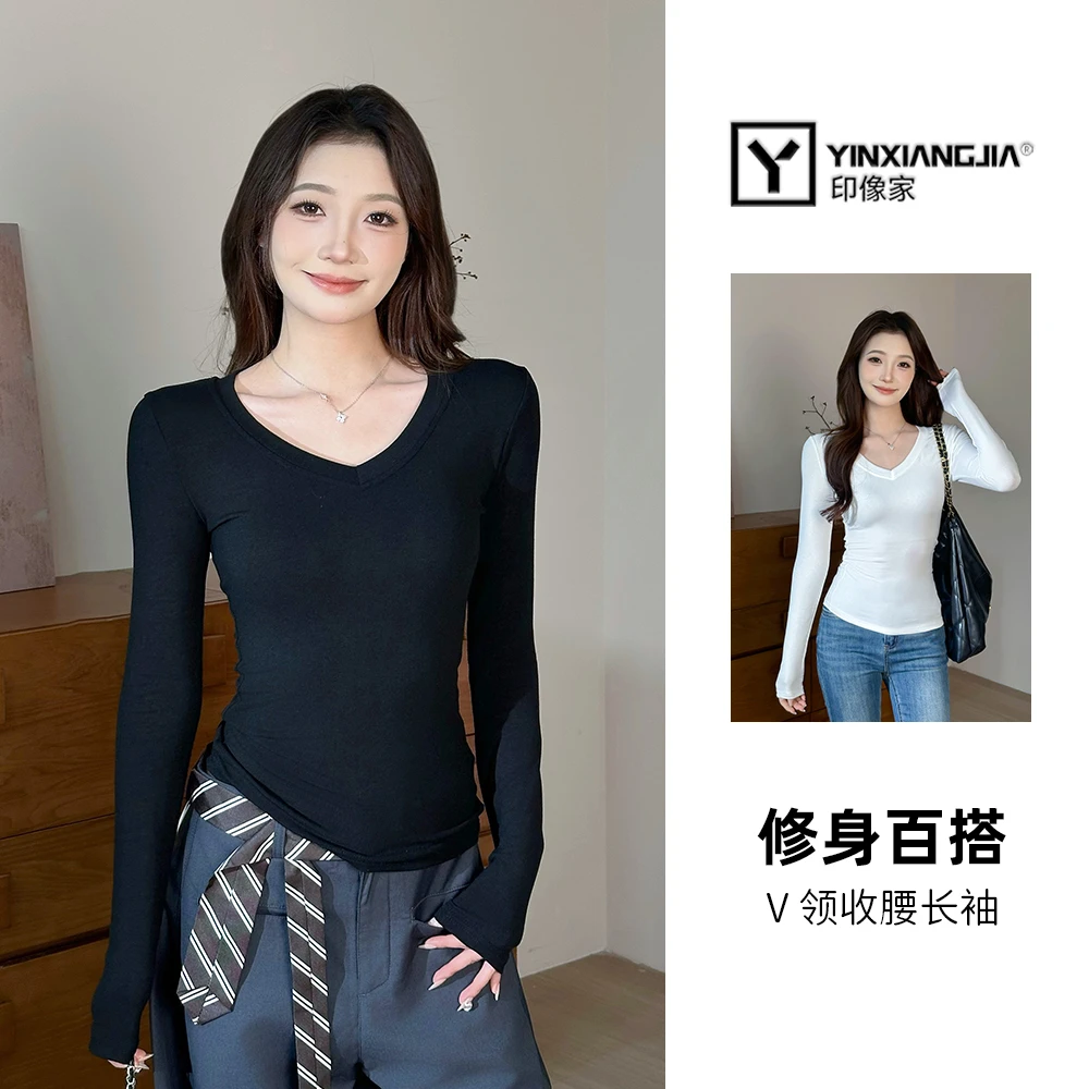 印像家【V领收腰】纯欲黑色长袖V领正肩t恤女秋修身显瘦内搭打底