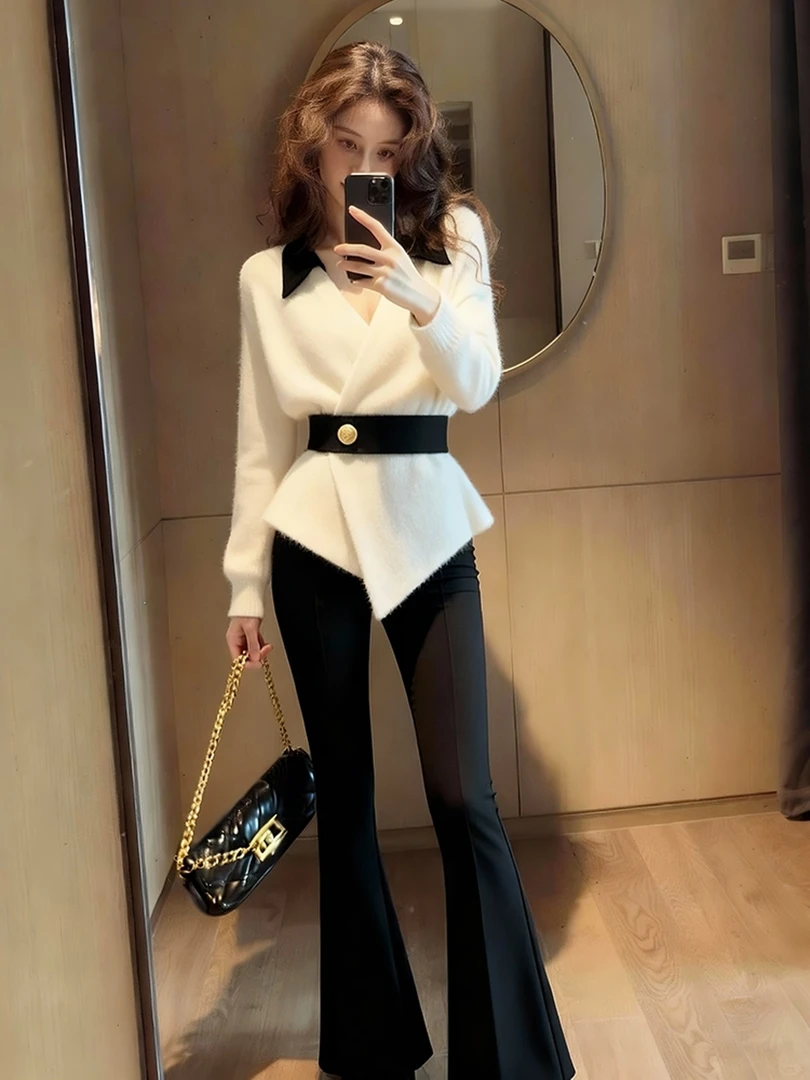 法式温柔风小众设计感休闲日常通勤翻领收腰白色上衣女2025冬毛衣