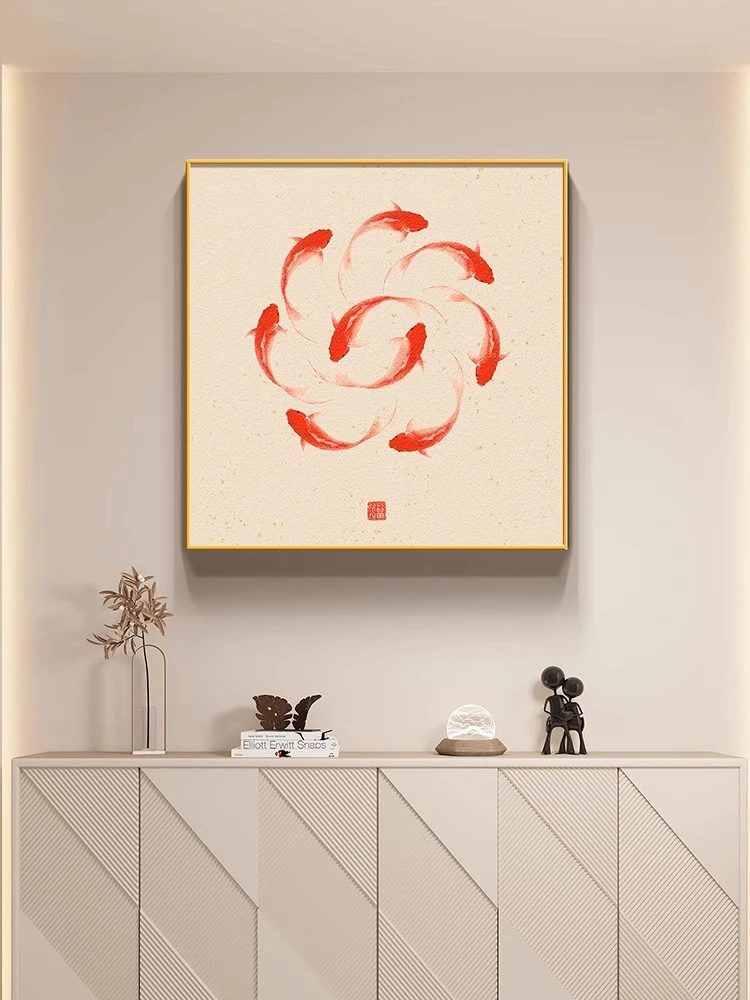 九鱼图挂画九鱼聚财图新中式装饰画好运锦鲤客厅餐厅背景墙挂画