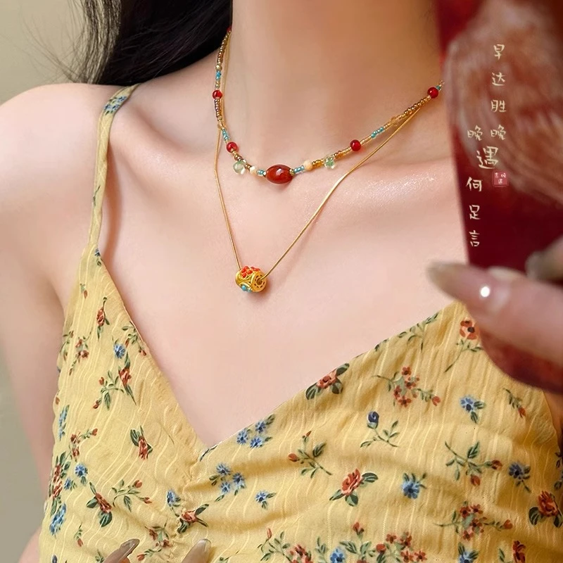 铜合金项链 彩色串珠双层项链女款新中式多巴胺民族风气质锁骨链