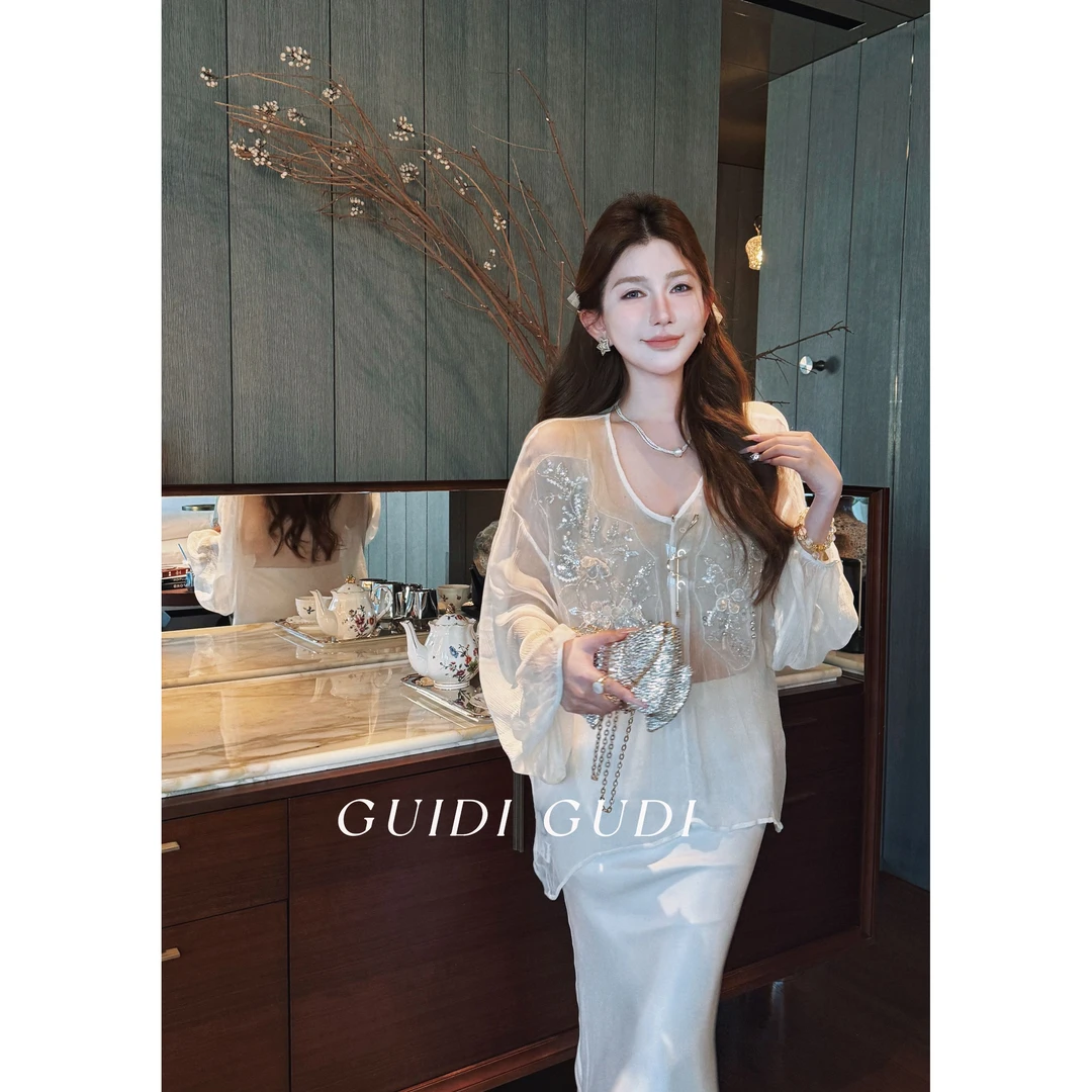 GUIDI GUDI【梦中海棠】重工国风闪闪花花长袖衬衫/黄加蓝