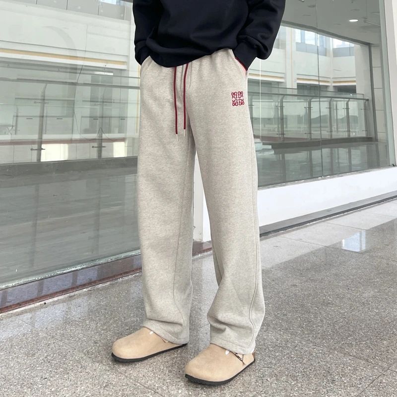 春季新款刺绣松紧腰抽绳宽松穿搭百搭简约直筒裤休闲卫裤裤子男士