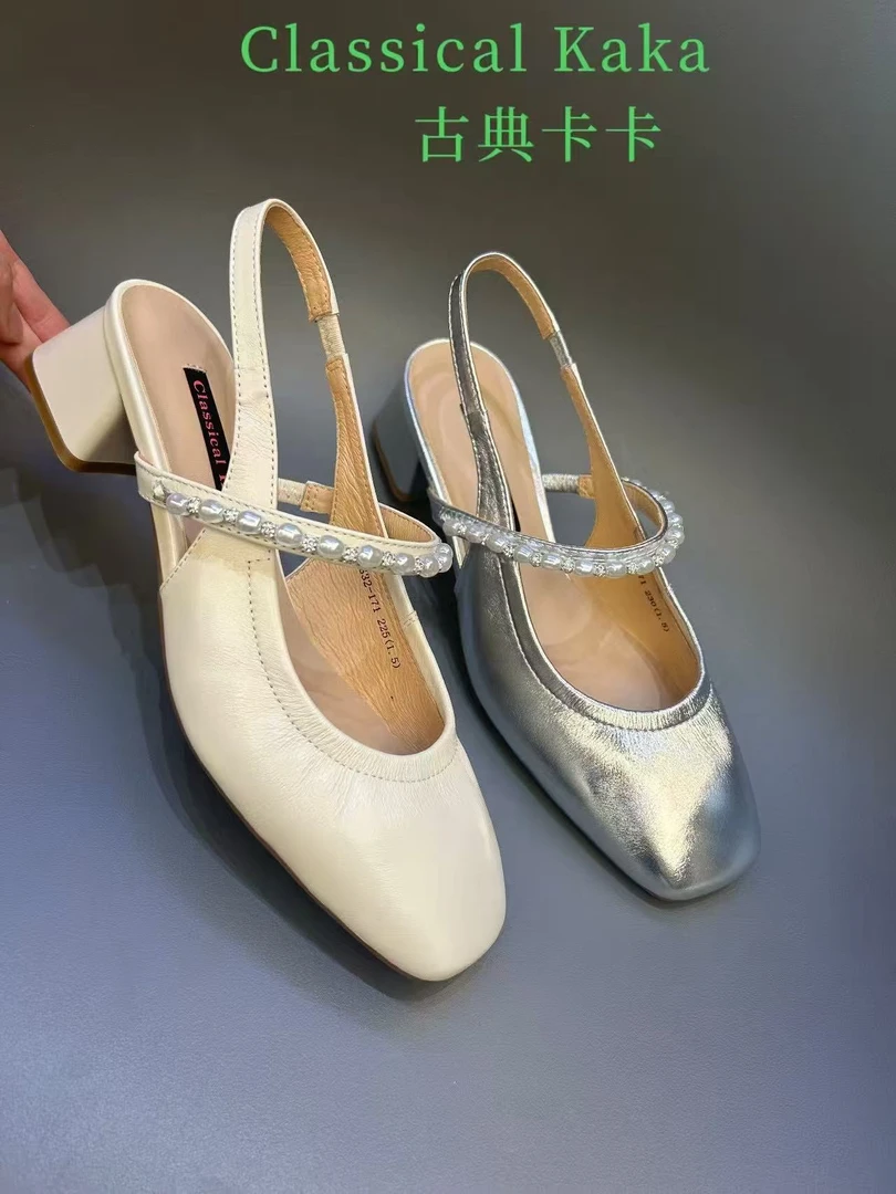 古典卡卡2025夏款仙女风中跟百搭一脚蹬女方头时装凉鞋高跟鞋夏季