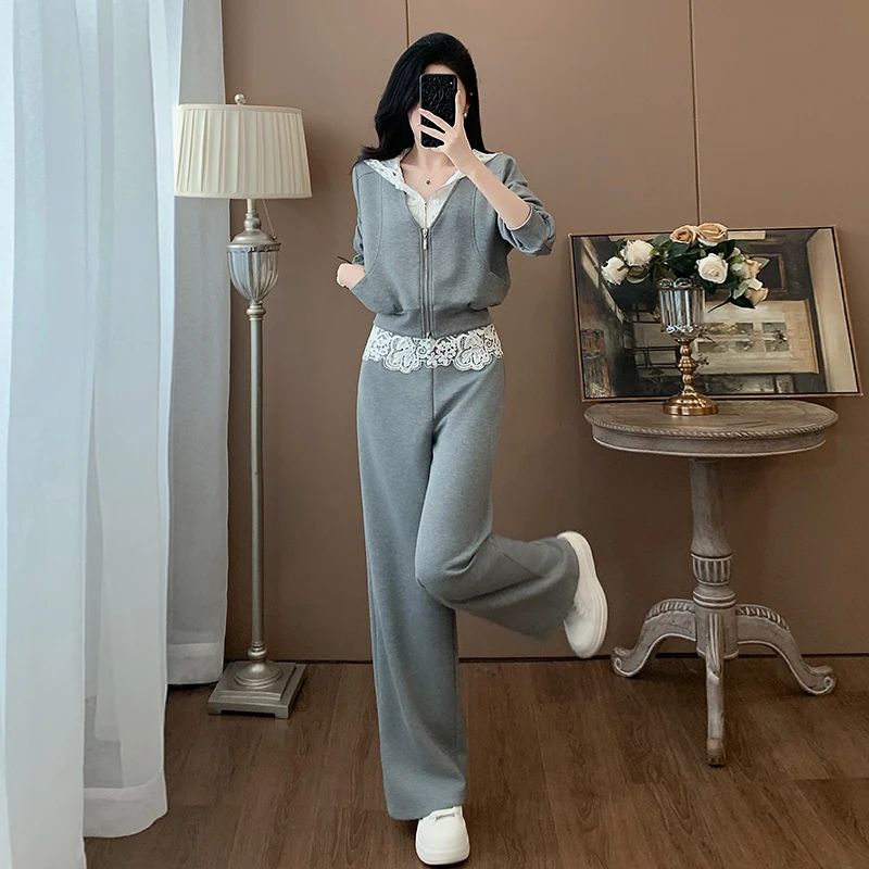 休闲风时尚套装灰色炸街两件套装蕾丝拼接上衣春秋洋气运动减龄