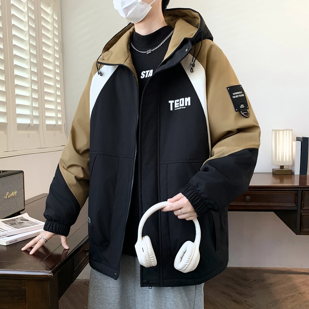 美国苹果冬季连帽防风青少年男生美式夹克加绒加厚韩版青少年学生