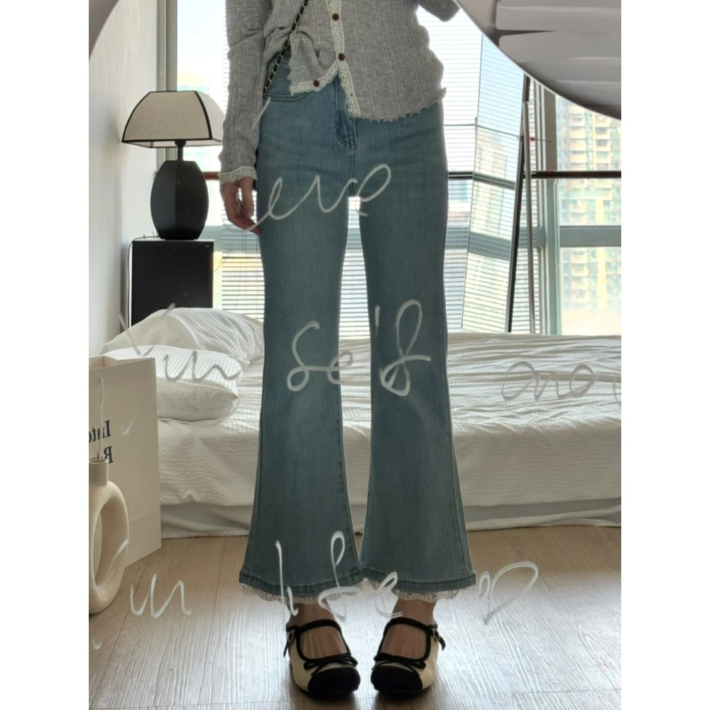 美式复古拼接蕾丝设计感牛仔裤女2025春季新款高腰显瘦微喇九分裤