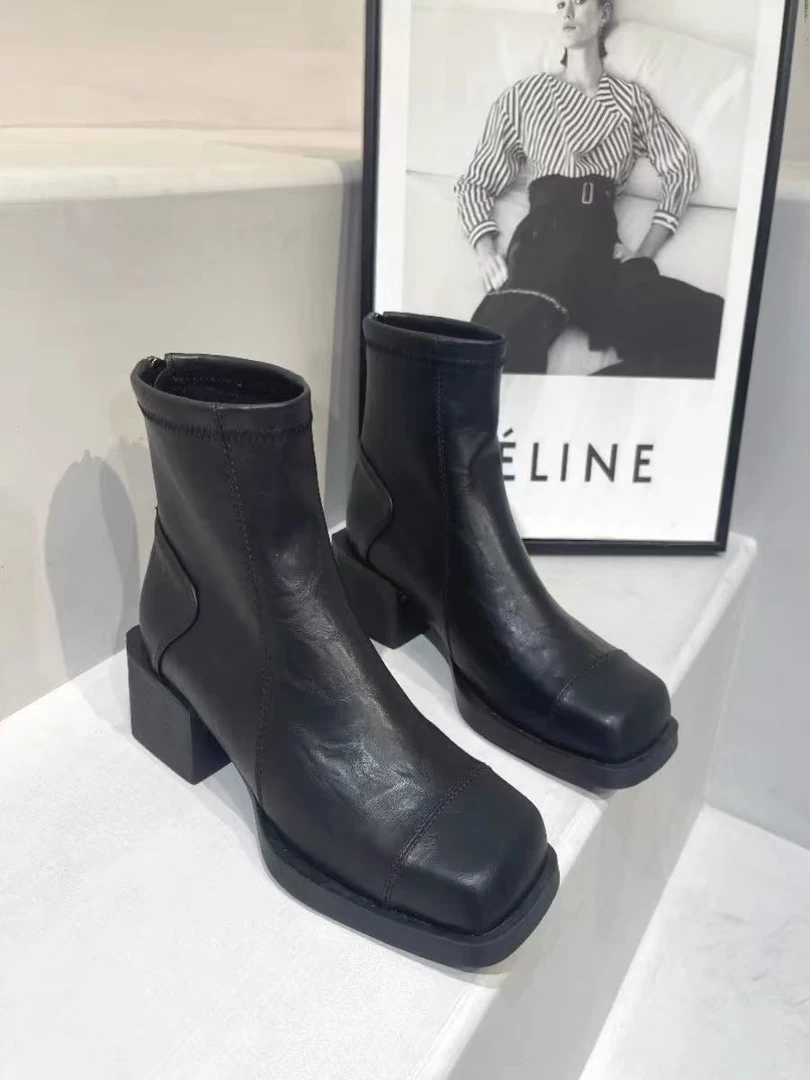 秋冬新款韩版通勤瘦瘦简约粗跟裸靴短靴69X2010B(加绒)