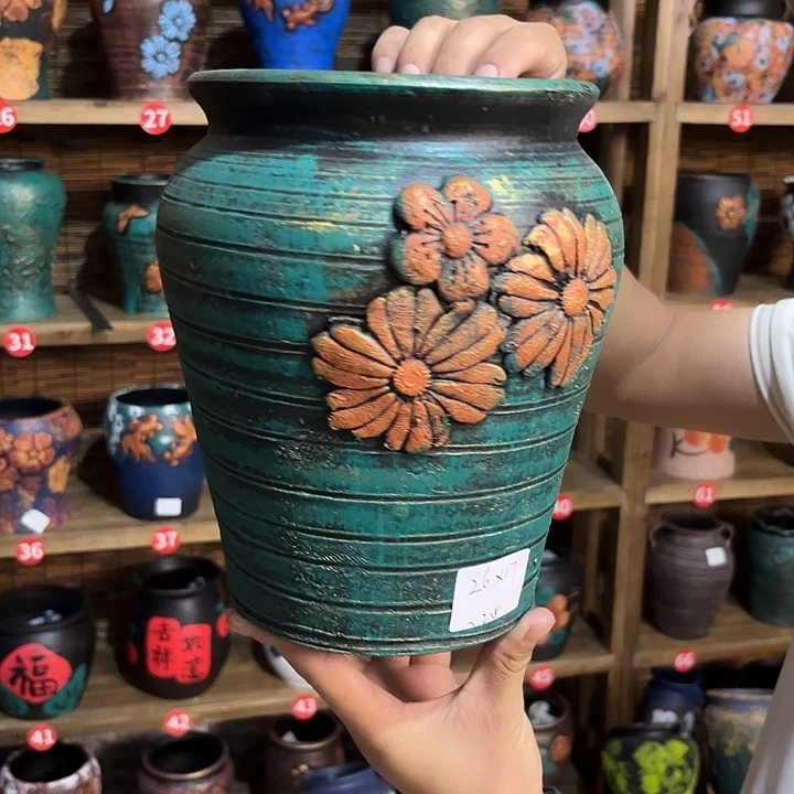 红陶浮雕花盆炸炸炸