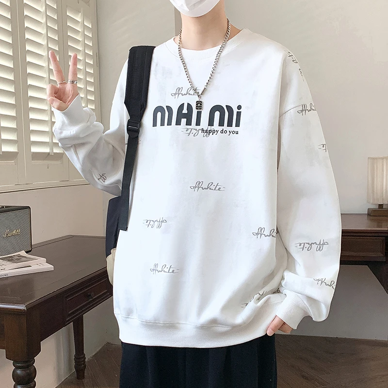 青少年学生休闲运动圆领套头卫衣男秋季秋款时尚印花宽松百搭卫衣