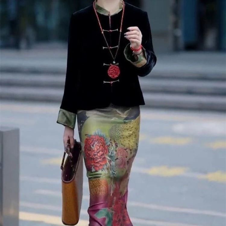 新中式国风复古仿香云纱丝绒套装2025秋季新款盘扣上衣半身裙遮肉