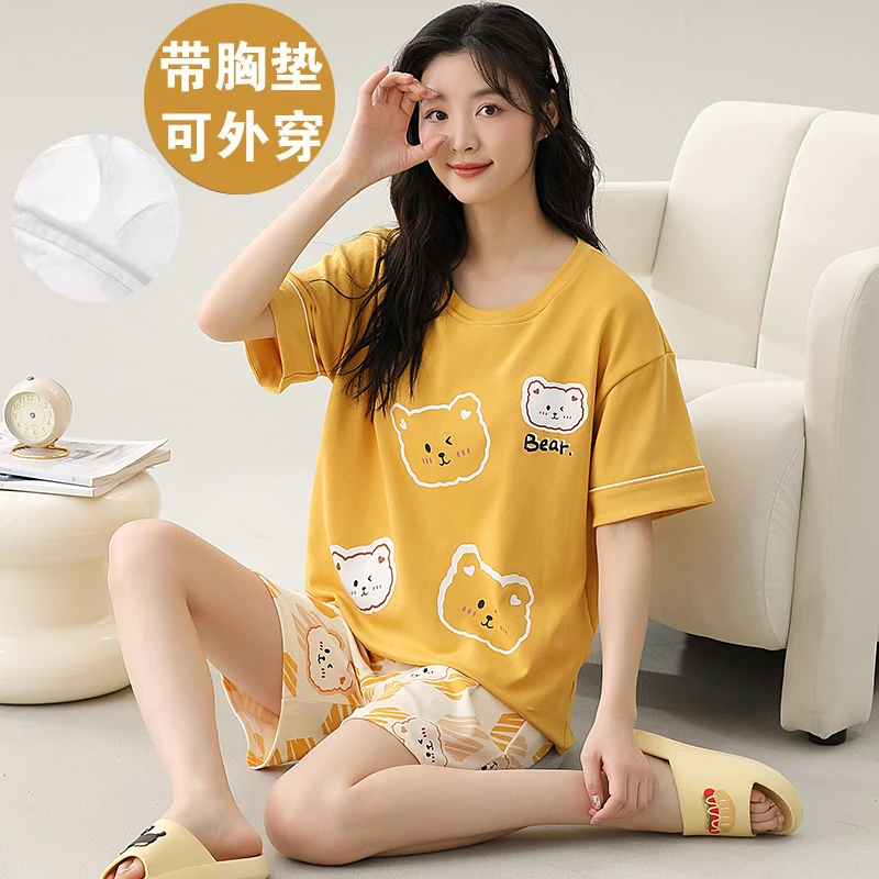 夏季女士大码短袖睡衣套装自带胸垫一体家居服卡通可爱休闲可外穿