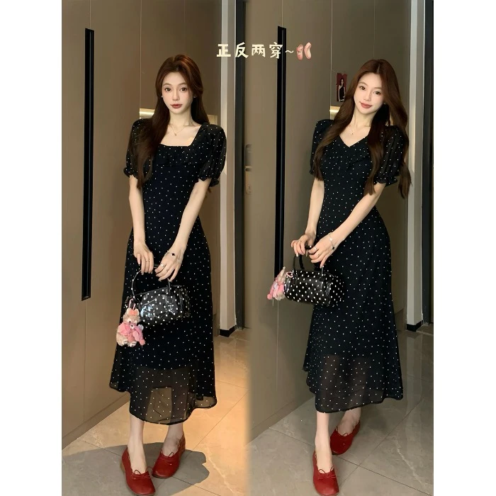 大码女装法式气质黑色波点连衣裙胖MM藏肉显瘦前后两穿裙