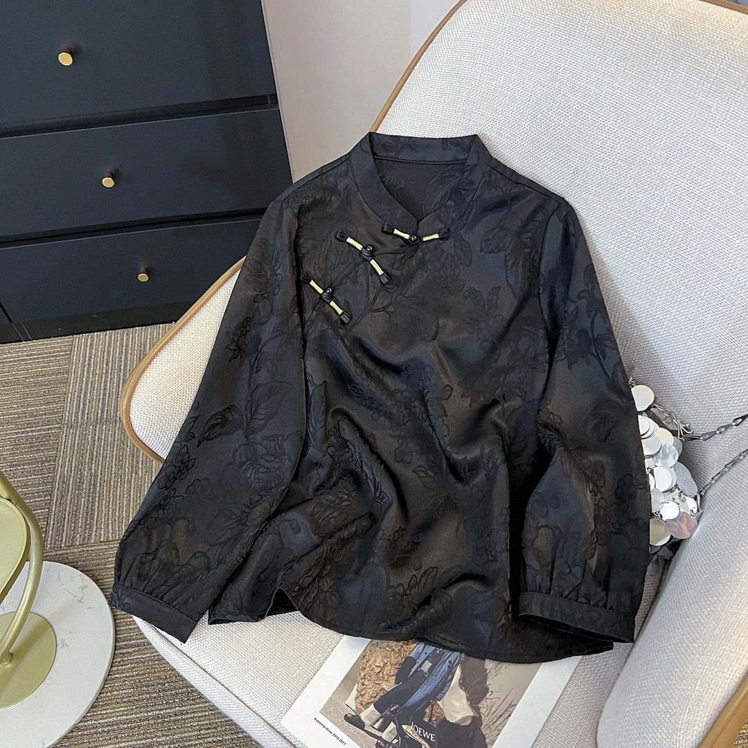 新中式国风女装盘扣上衣2025春季新款高级感复古气质黑色提花衬衫