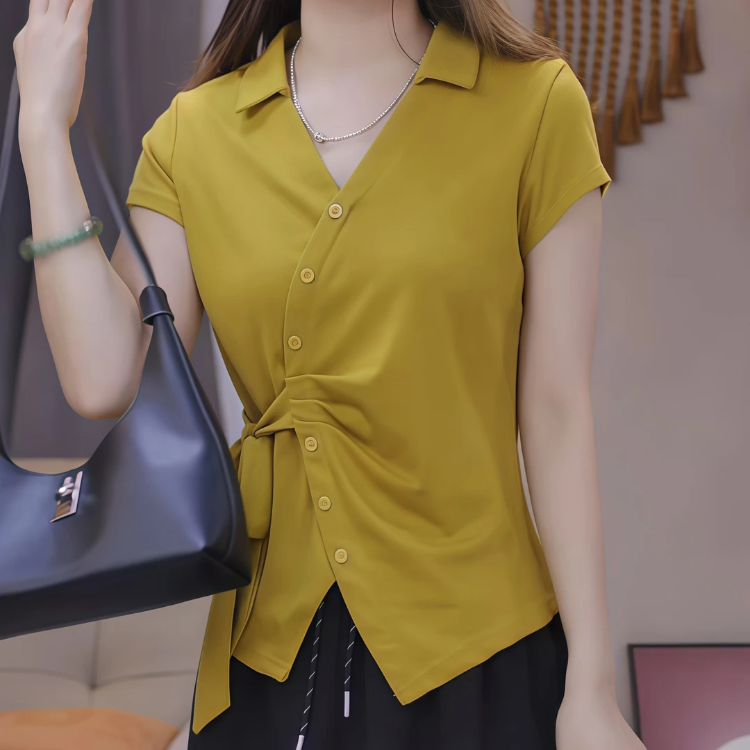2025潮流夏季时尚休闲翻领系带小衫显瘦百搭减龄洋气不规则衬衫女