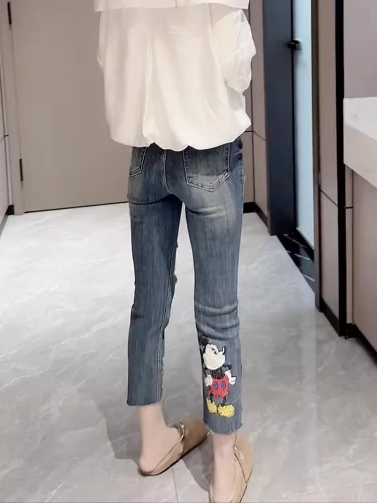 八分破洞薄牛仔裤烟管裤女2025夏季铅笔裤大码破洞显瘦刺绣直筒裤