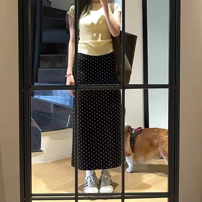 波点黑色半身裙女春夏季新款高腰显瘦包臀裙中长款开叉a字一步裙