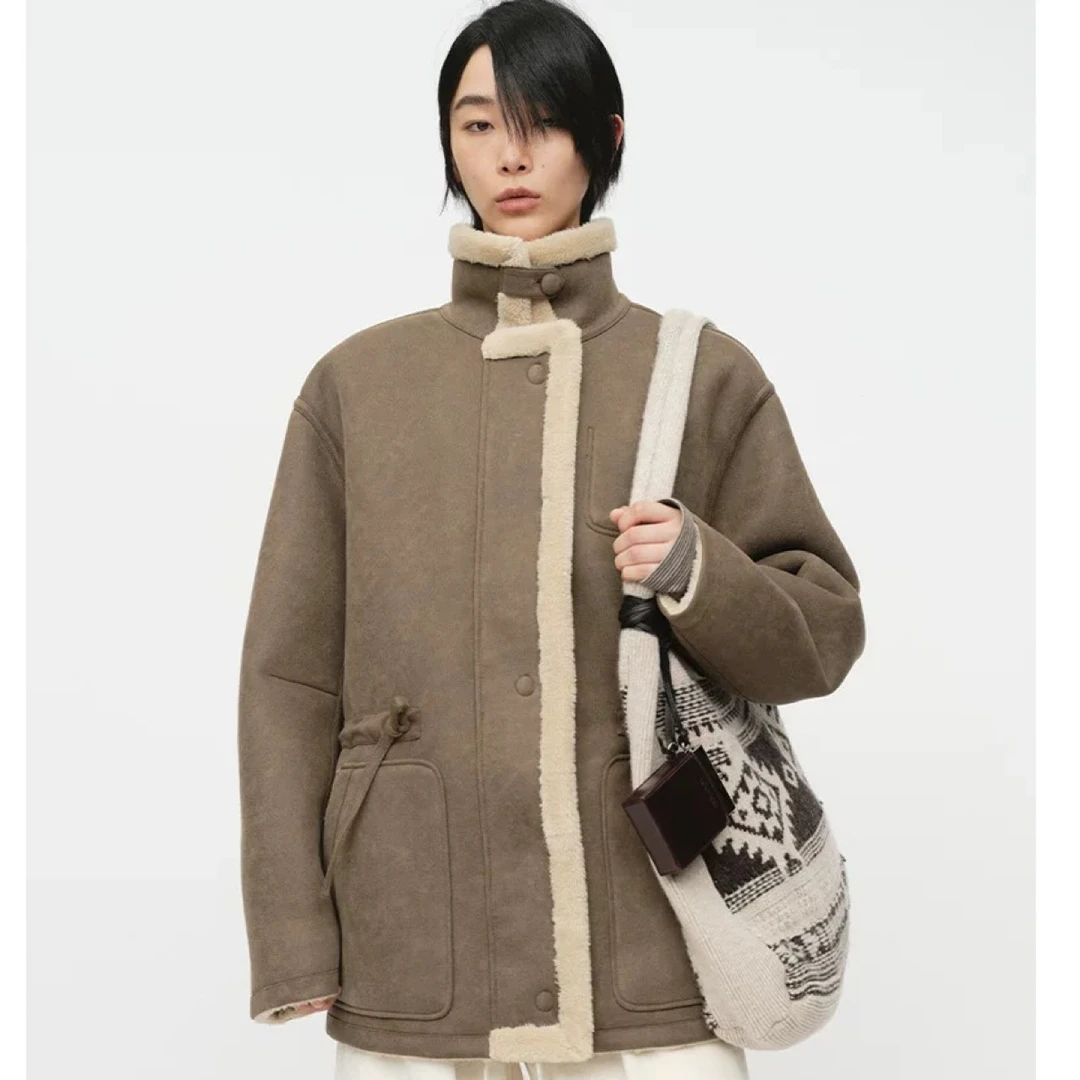 YOEYYOU25冬季新款设计感撞色宽松仿羊羔毛收腰保暖夹克