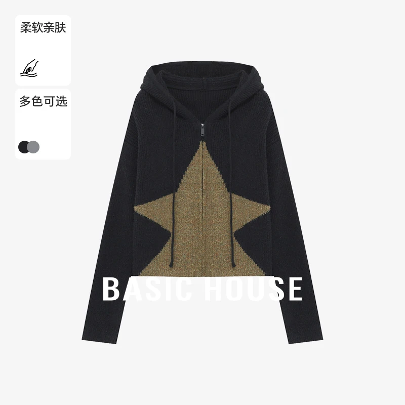 Basic House/百家好针织短款时尚百搭复古连帽毛衣-B06245I0382