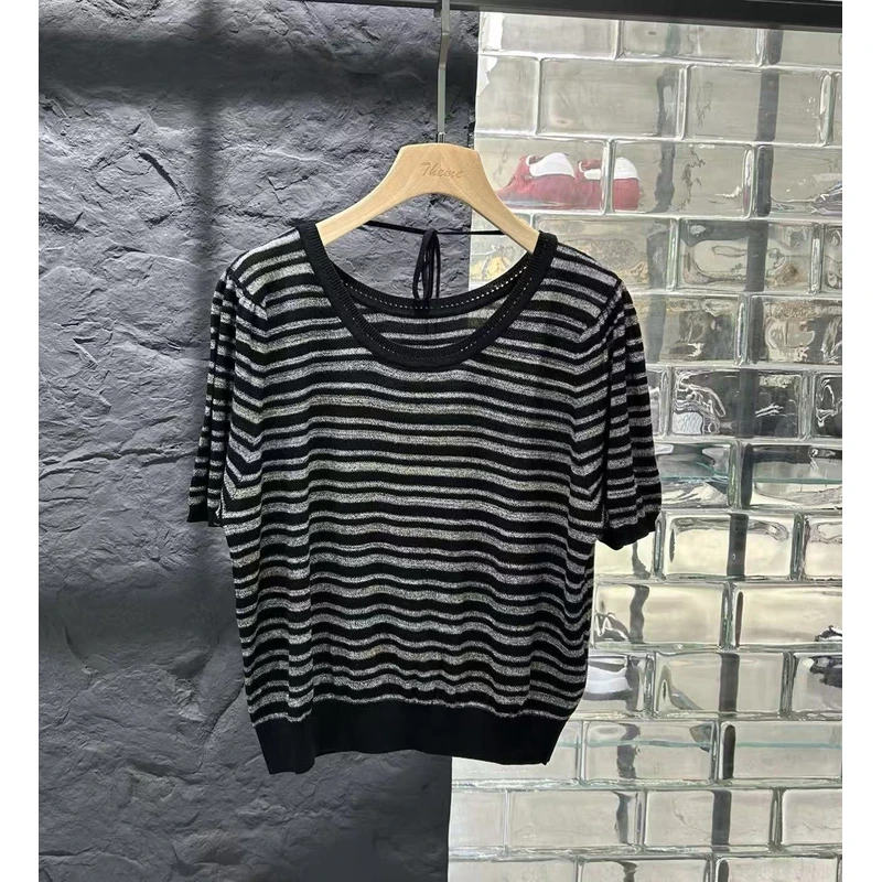 63837-3192 条纹短袖薄款开衫款毛针织衫圆领