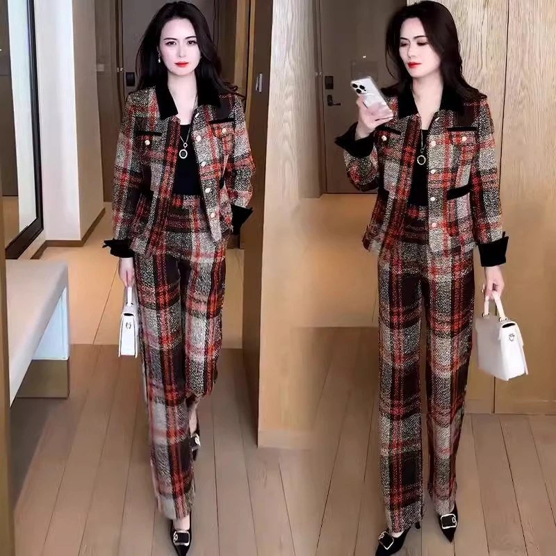 时尚格子休闲套装女2025春季新款气质洋气减龄开衫阔腿裤两件套潮