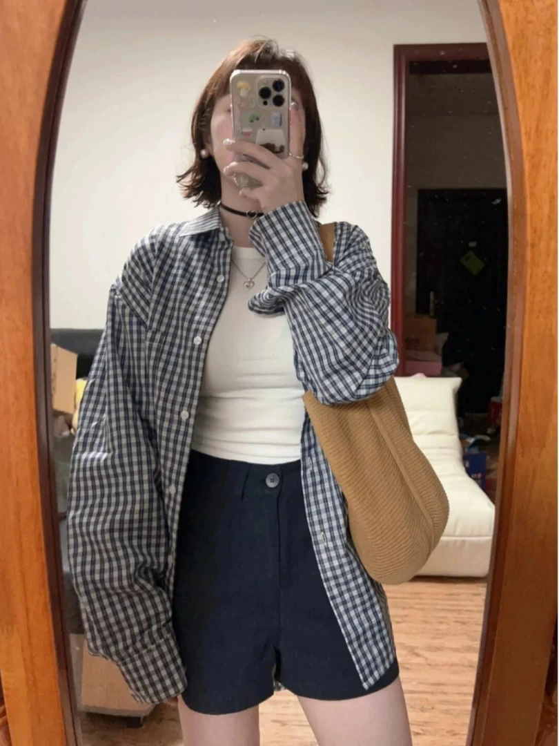 春夏格子衬衫 随性慵懒风薄款按扣休闲简约女款衬衫外套