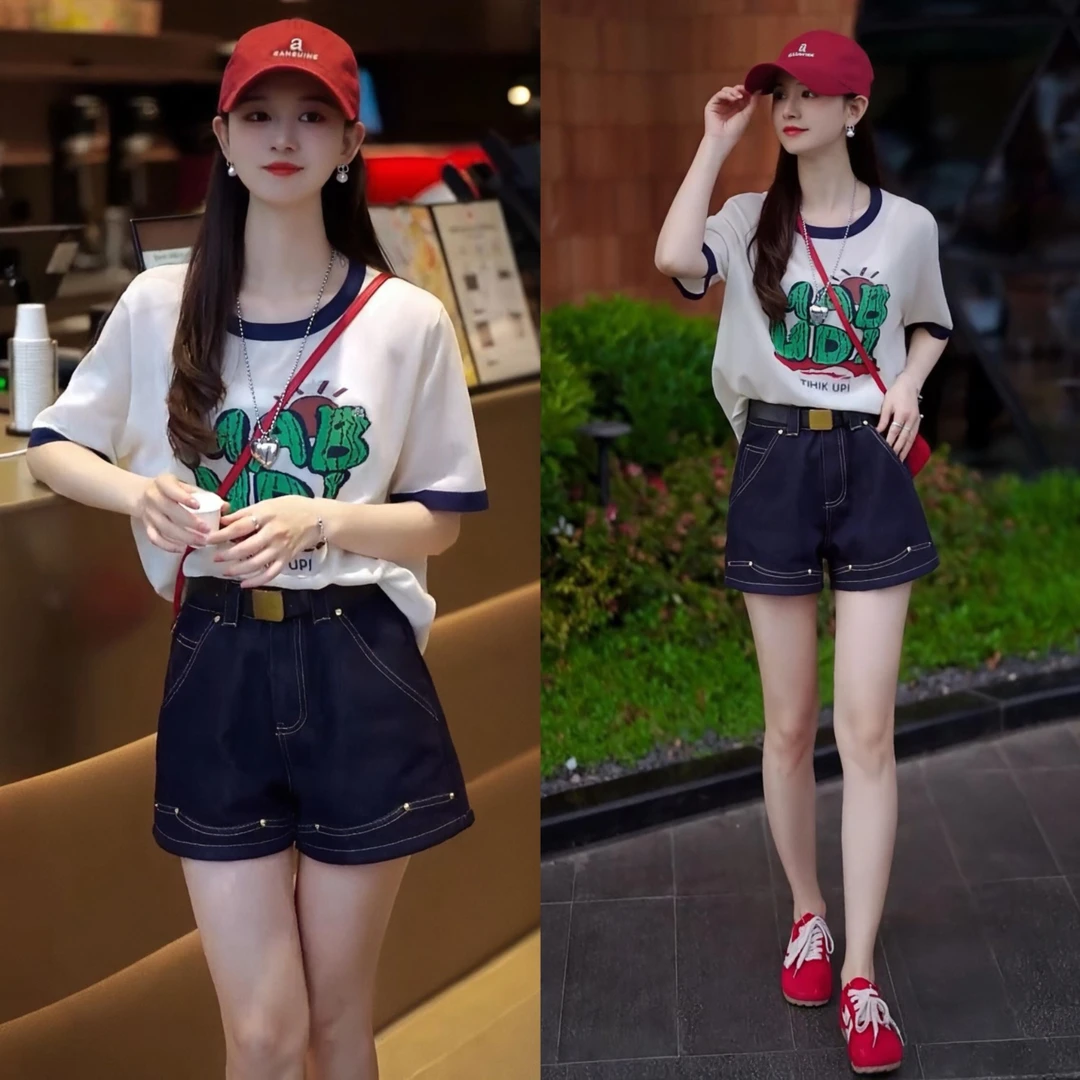 度假夏季百搭印花短袖撞色圆领t恤高腰休闲牛仔短裤两件套2025薄